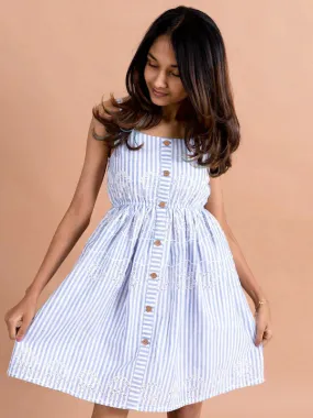 Girls Blue White Striped Schiffli Cotton Fit Flare Dress - Ps Peaches