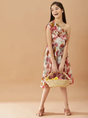 Girls Floral Printed One Shoulder Midi Fit Flare Dress - Ps Peaches