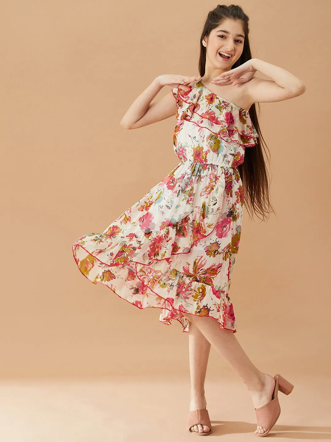 Girls Floral Printed One Shoulder Midi Fit Flare Dress - Ps Peaches