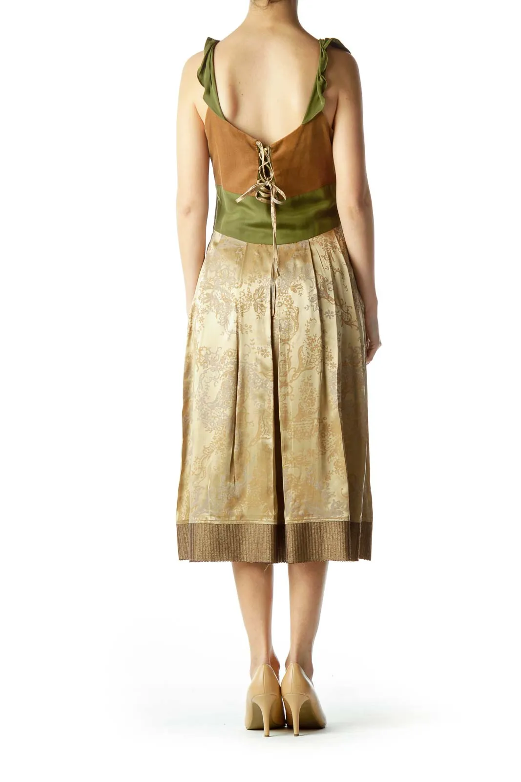 Gold Green Silk Print Dress