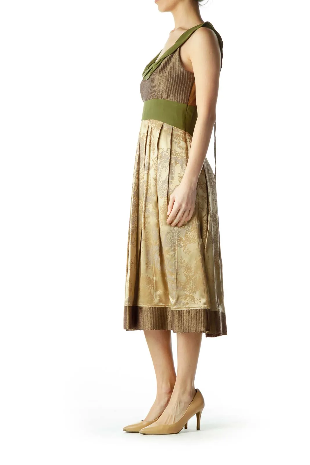 Gold Green Silk Print Dress