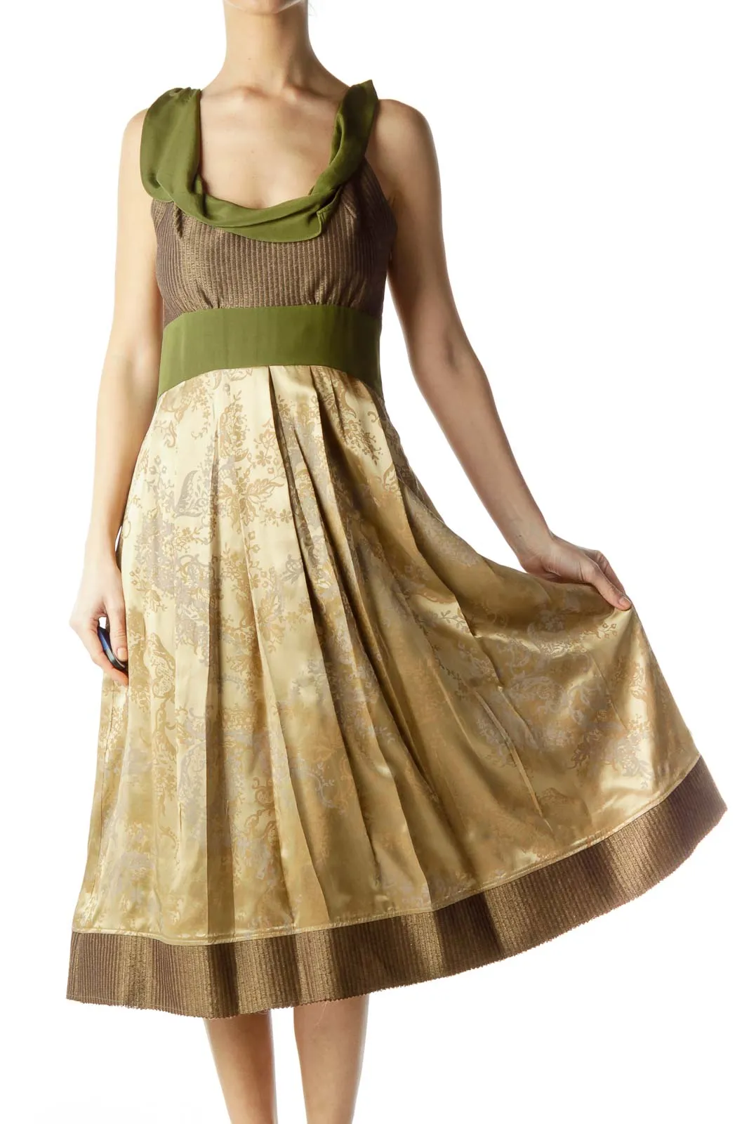 Gold Green Silk Print Dress