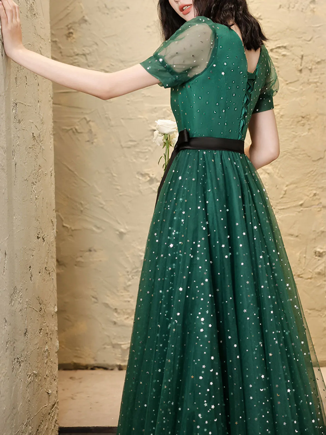 Green A line Long Prom Dress, Green Tulle Long Formal Dress