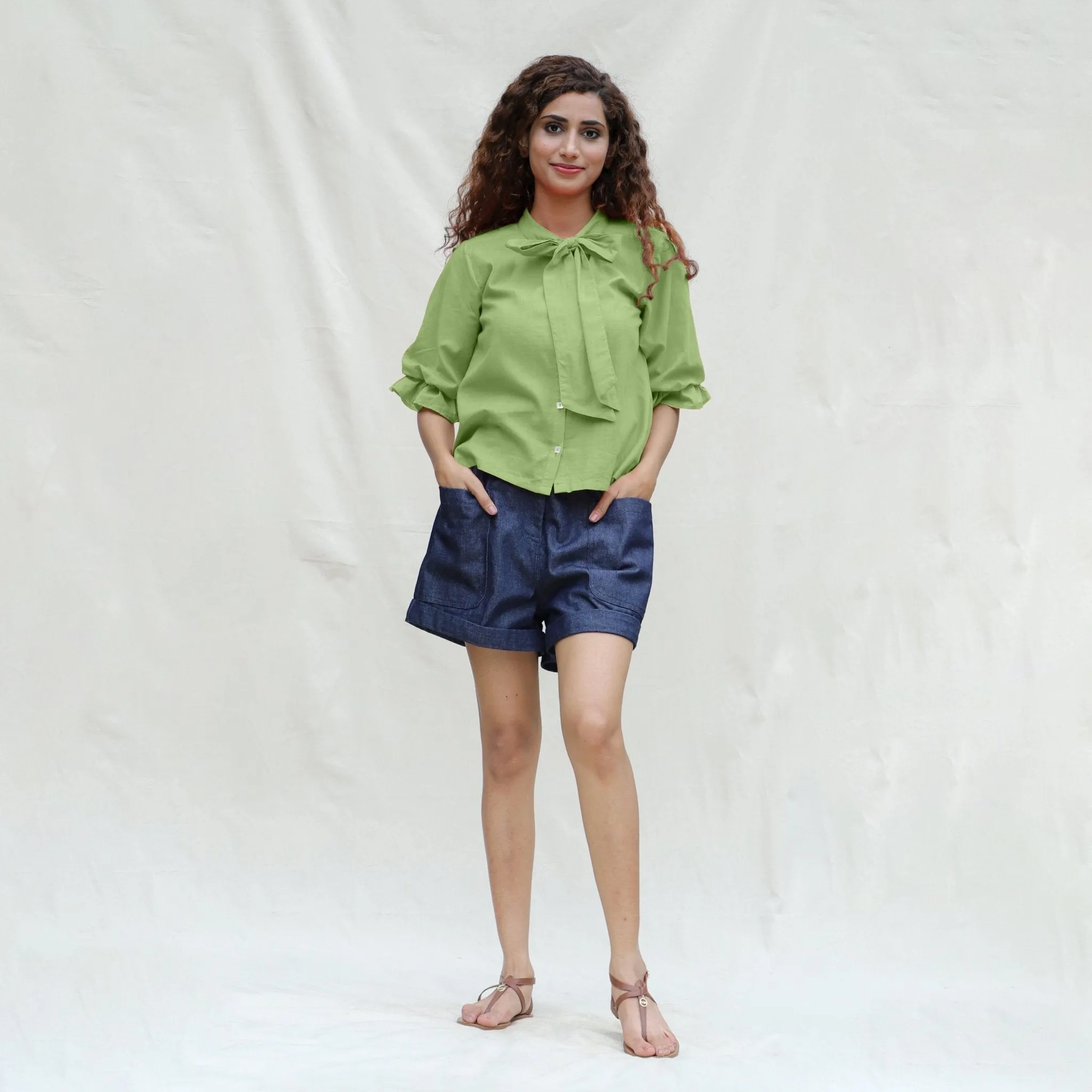 Green Cotton Flax Button-Down Shirt