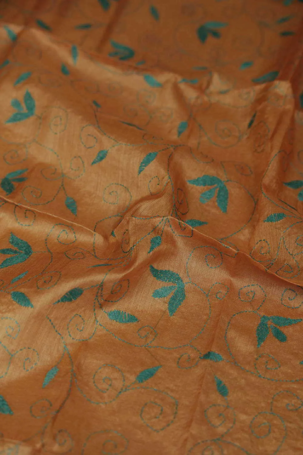 Green Floral on Orange Kantha Silk Blouse