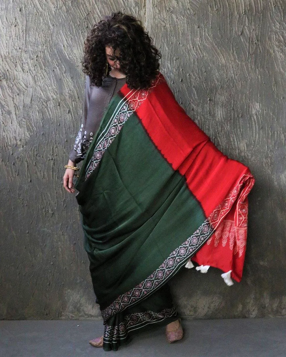 Green-Red Blockprinted Modal Silk Saree