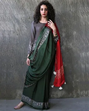 Green-Red Blockprinted Modal Silk Saree