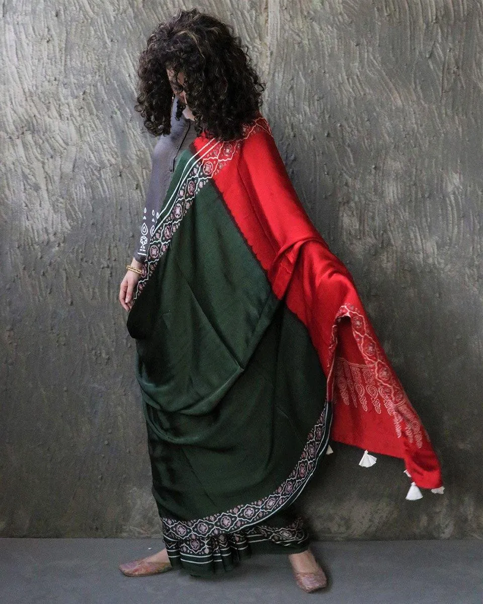 Green-Red Blockprinted Modal Silk Saree