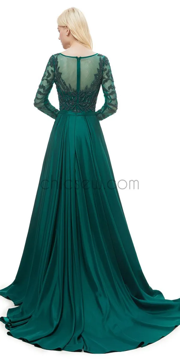 Green Round Neck Long Sleeves A-line Glitter Gorgeous Prom Dresses With Beads, Evening Dresses LMX1145