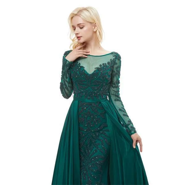 Green Round Neck Long Sleeves A-line Glitter Gorgeous Prom Dresses With Beads, Evening Dresses LMX1145