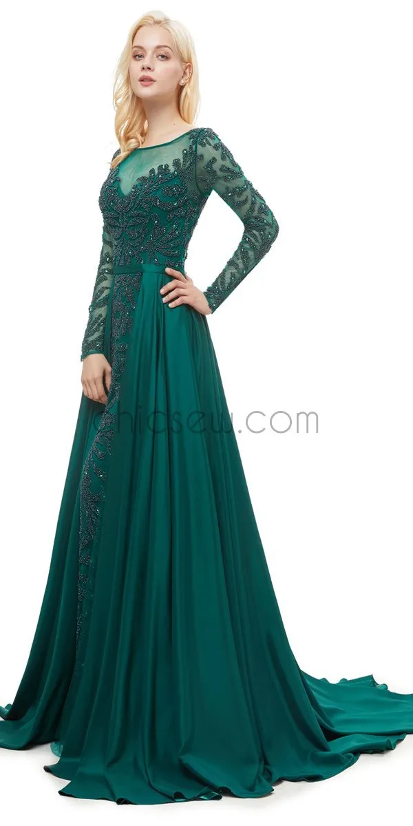 Green Round Neck Long Sleeves A-line Glitter Gorgeous Prom Dresses With Beads, Evening Dresses LMX1145