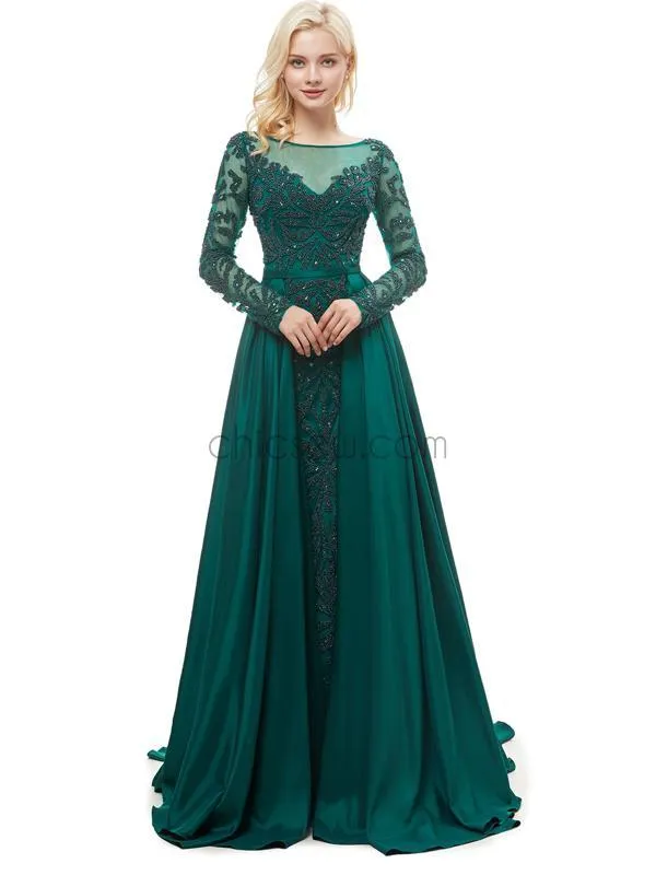 Green Round Neck Long Sleeves A-line Glitter Gorgeous Prom Dresses With Beads, Evening Dresses LMX1145