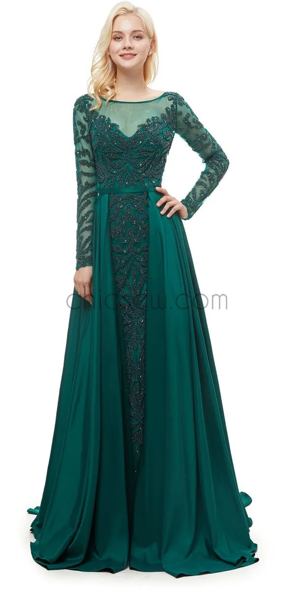 Green Round Neck Long Sleeves A-line Glitter Gorgeous Prom Dresses With Beads, Evening Dresses LMX1145