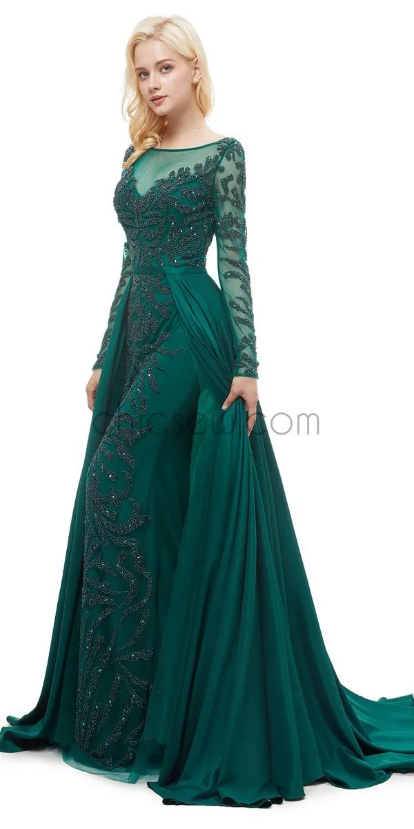 Green Round Neck Long Sleeves A-line Glitter Gorgeous Prom Dresses With Beads, Evening Dresses LMX1145