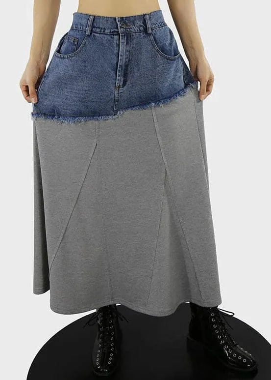 Grey A Line Skirts Denim Patchwork Button Spring