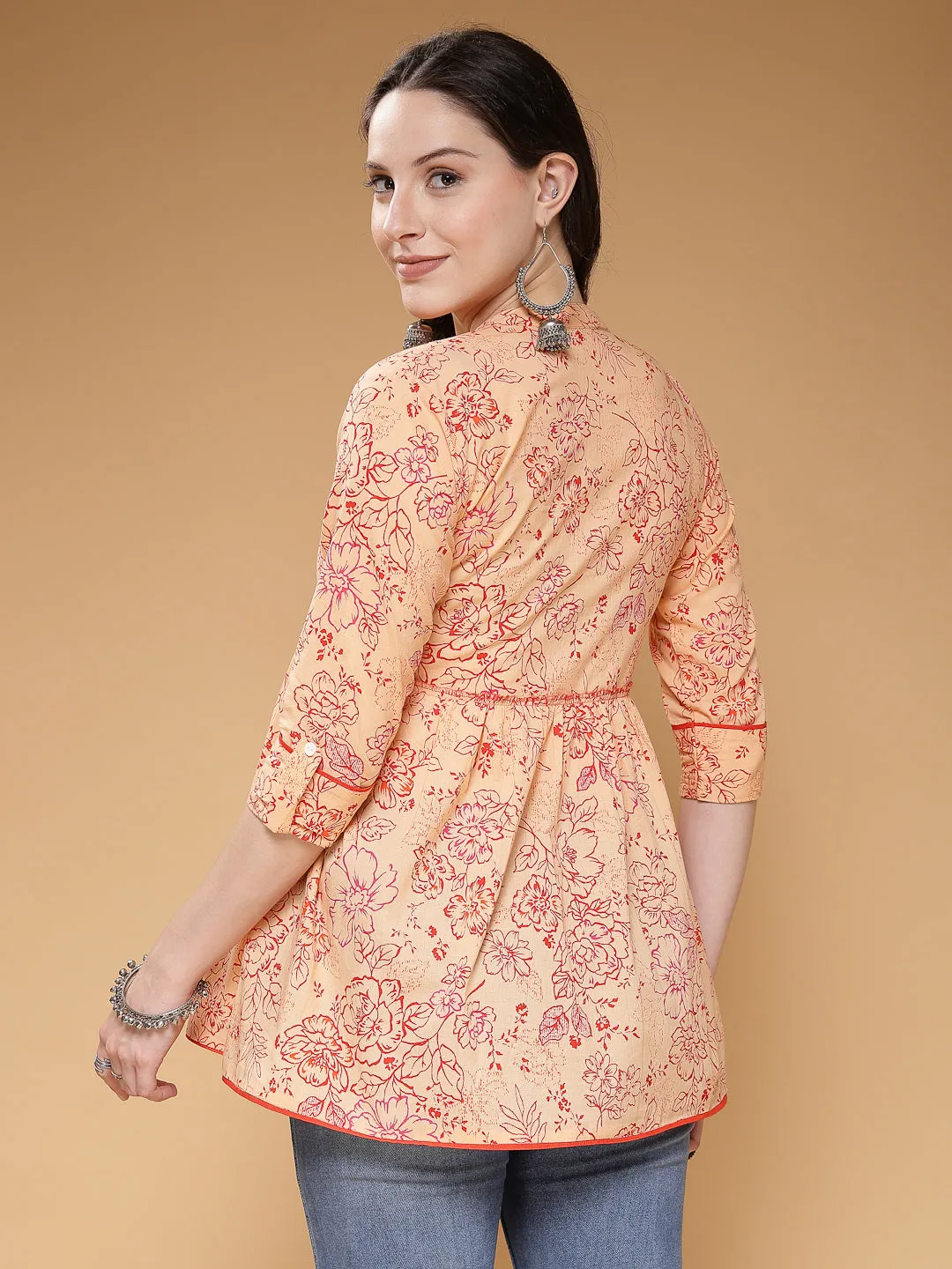 Indibelle Cotton Peach Floral Print Peplum Top (Peach)