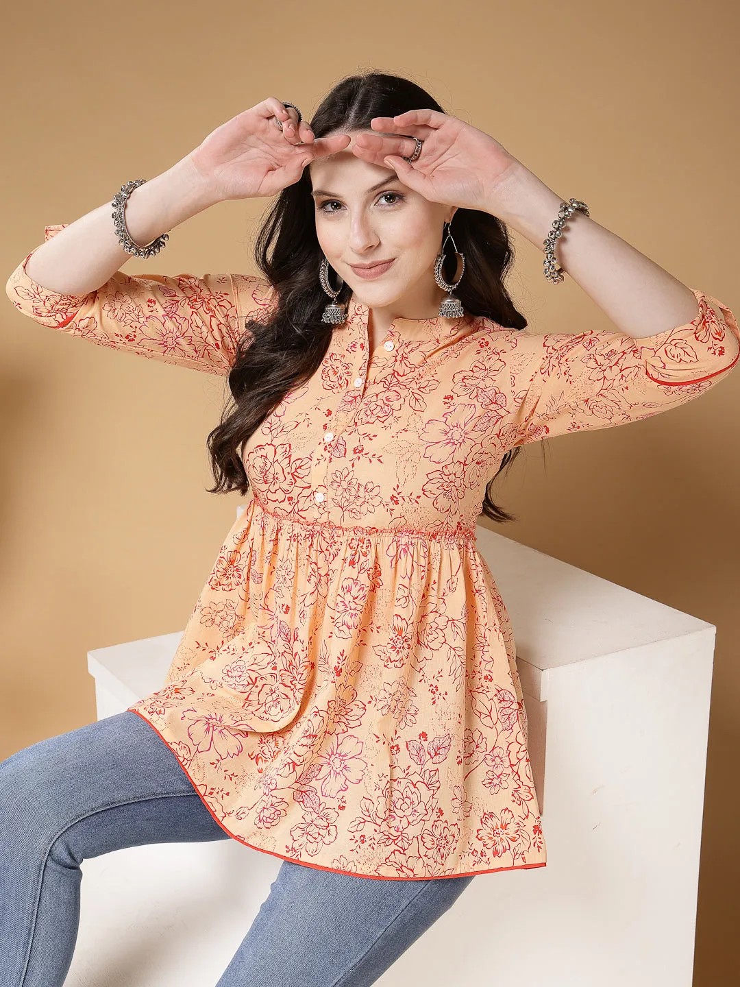 Indibelle Cotton Peach Floral Print Peplum Top (Peach)