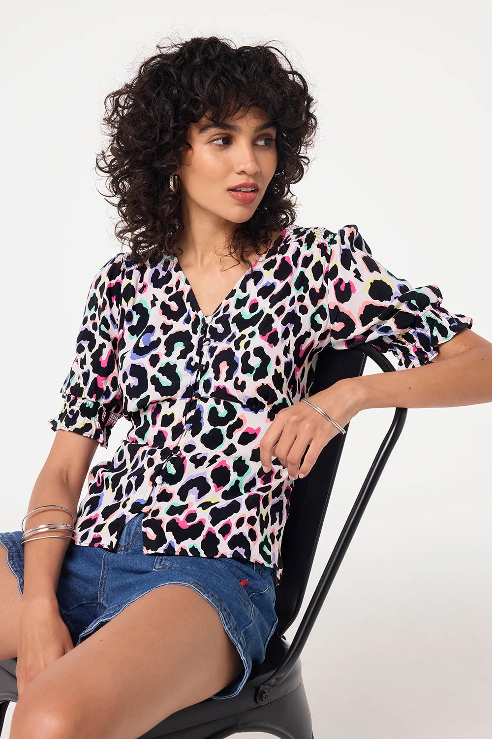 Ivory with Rainbow Shadow Leopard Button Through Blouse