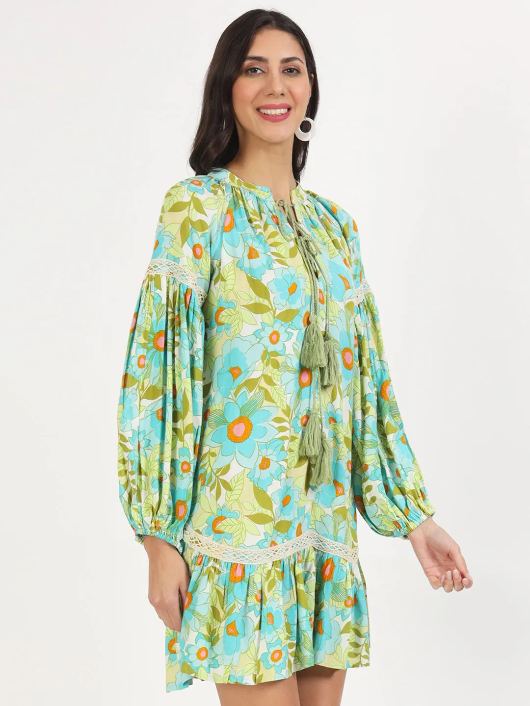 Jashvi Green Floral Printed Rayon Dress