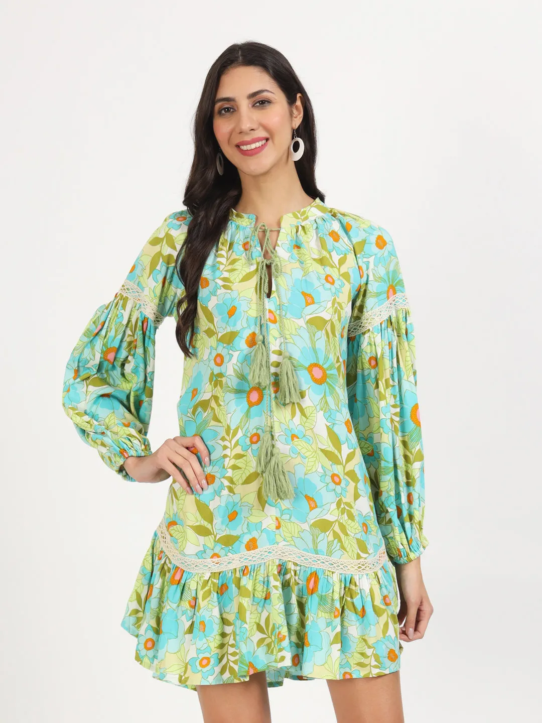 Jashvi Green Floral Printed Rayon Dress