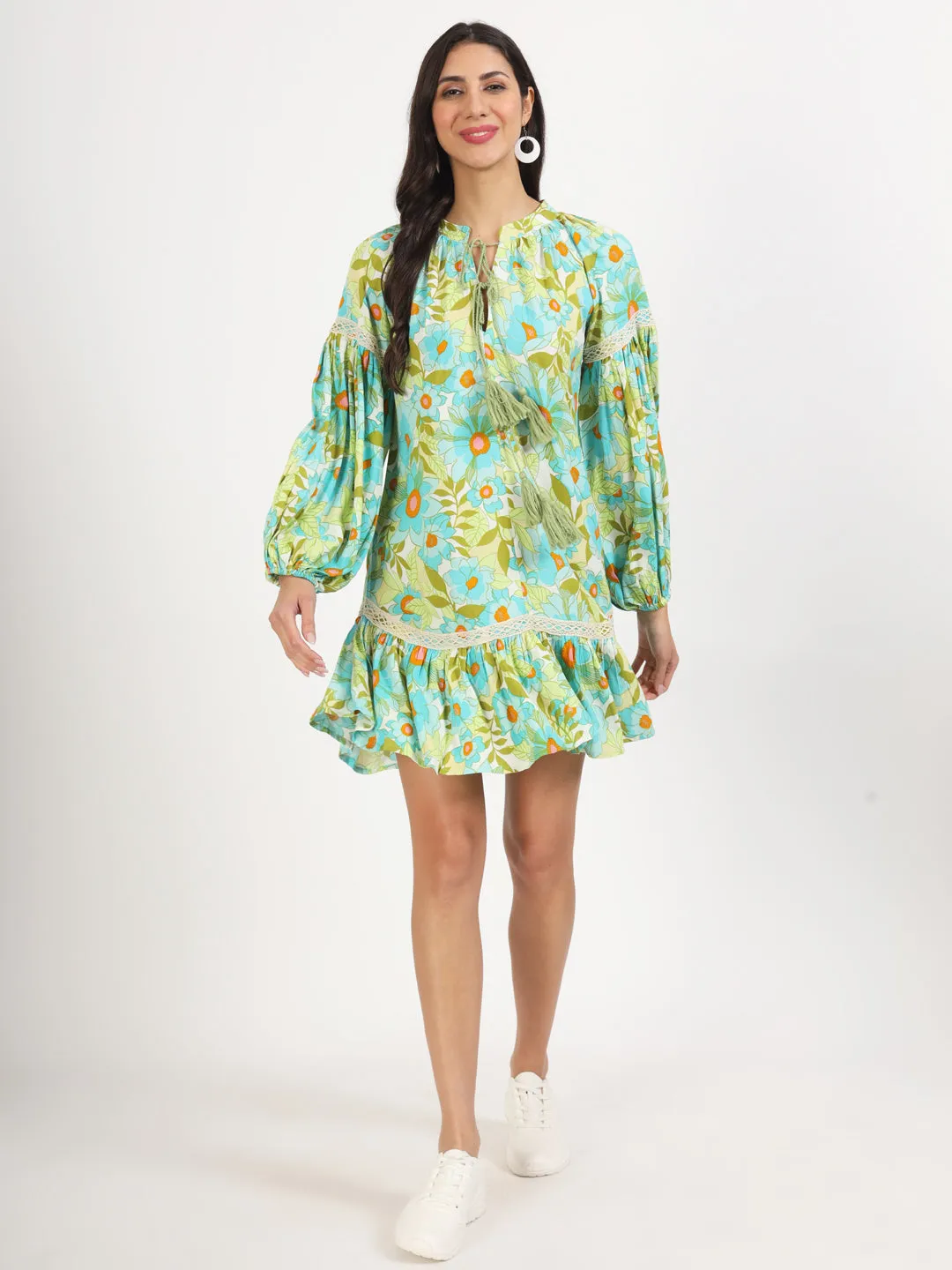 Jashvi Green Floral Printed Rayon Dress