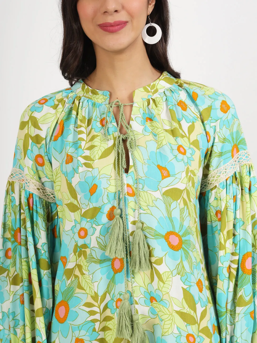 Jashvi Green Floral Printed Rayon Dress