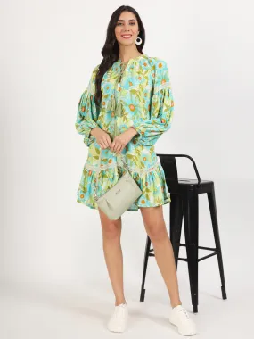 Jashvi Green Floral Printed Rayon Dress