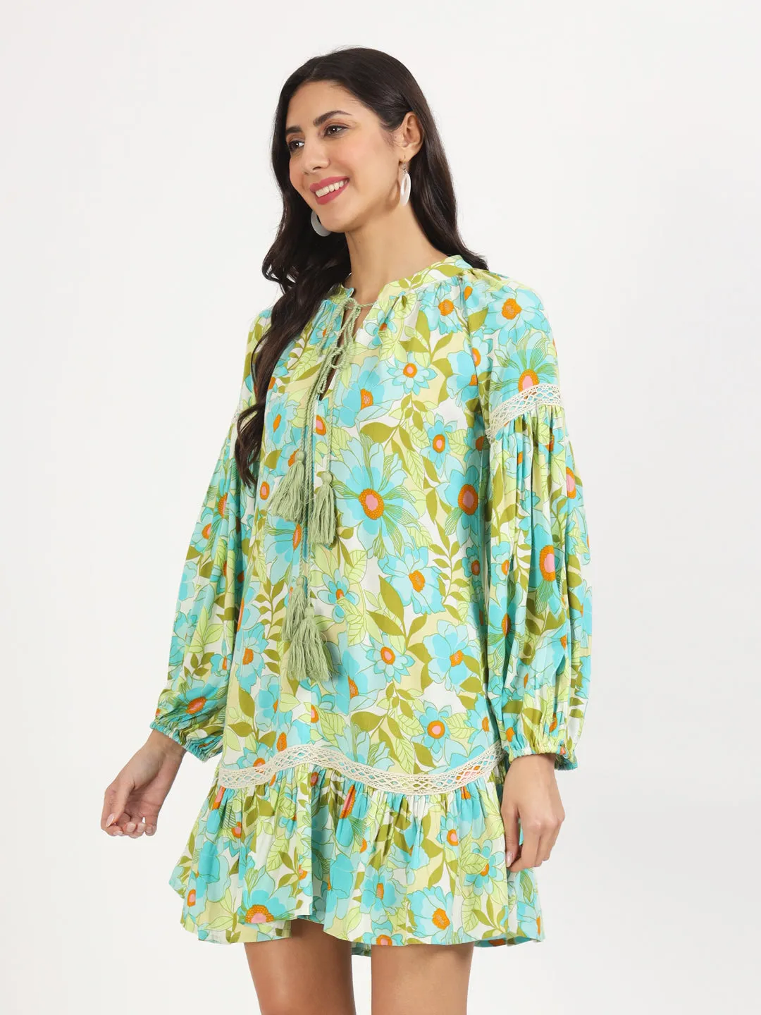 Jashvi Green Floral Printed Rayon Dress