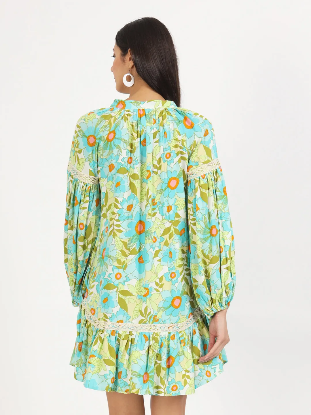 Jashvi Green Floral Printed Rayon Dress