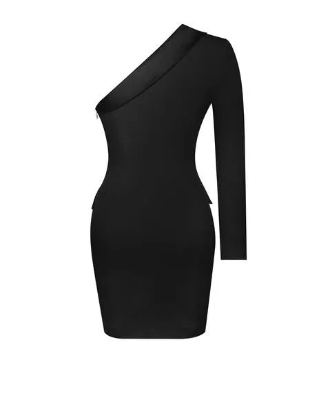 Keep One Up One Sleeved Black Crepe Tuxedo Blazer Dress