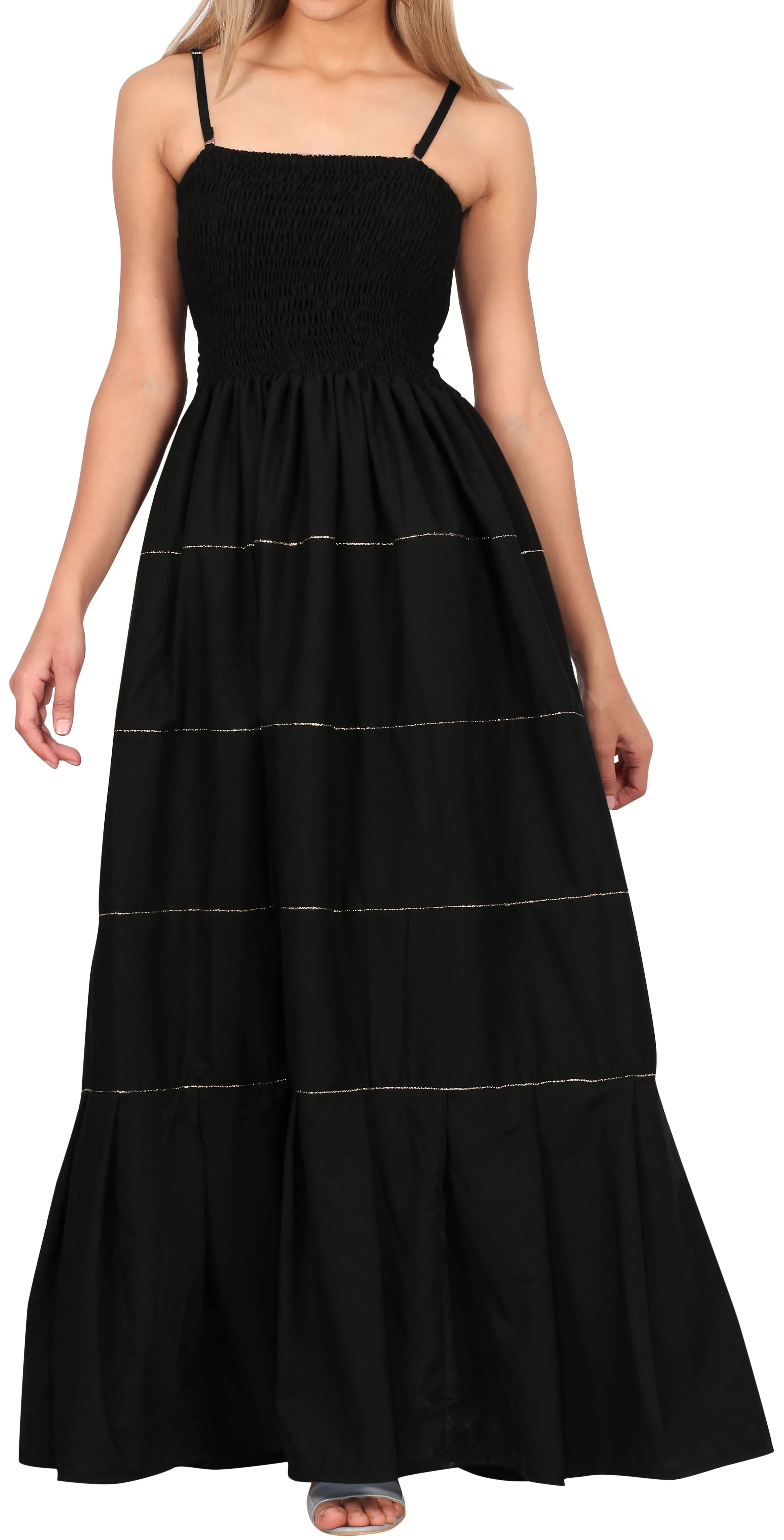 LA LEELA Long Maxi Solid Color Strappy Tube Dress For Women Everyday Casual And Chic Housewear Outfit With Elegant Golden Lining