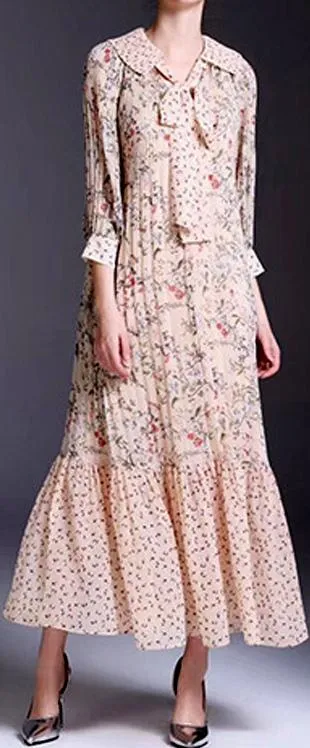 Long-Sleeve Floral Print Dress, Beige