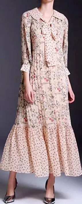 Long-Sleeve Floral Print Dress, Beige