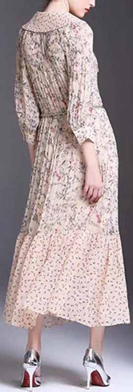 Long-Sleeve Floral Print Dress, Beige