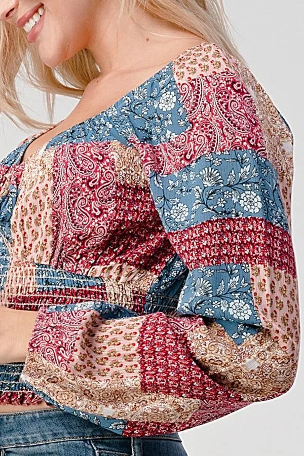 Long Sleeve Smocked Blouse Top Patchwork