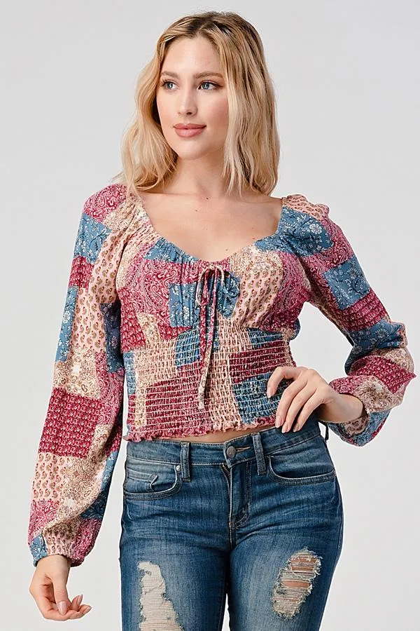 Long Sleeve Smocked Blouse Top Patchwork