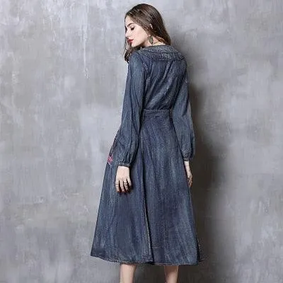 Long Sleeve Vintage Embroidery Belted Denim Dress