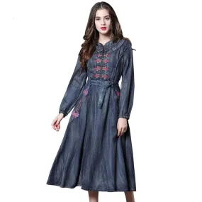 Long Sleeve Vintage Embroidery Belted Denim Dress