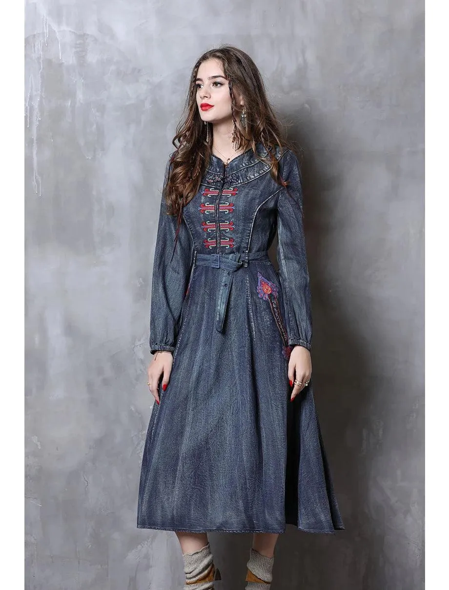 Long Sleeve Vintage Embroidery Belted Denim Dress