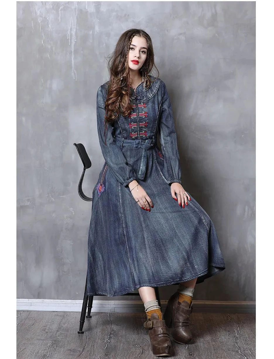 Long Sleeve Vintage Embroidery Belted Denim Dress