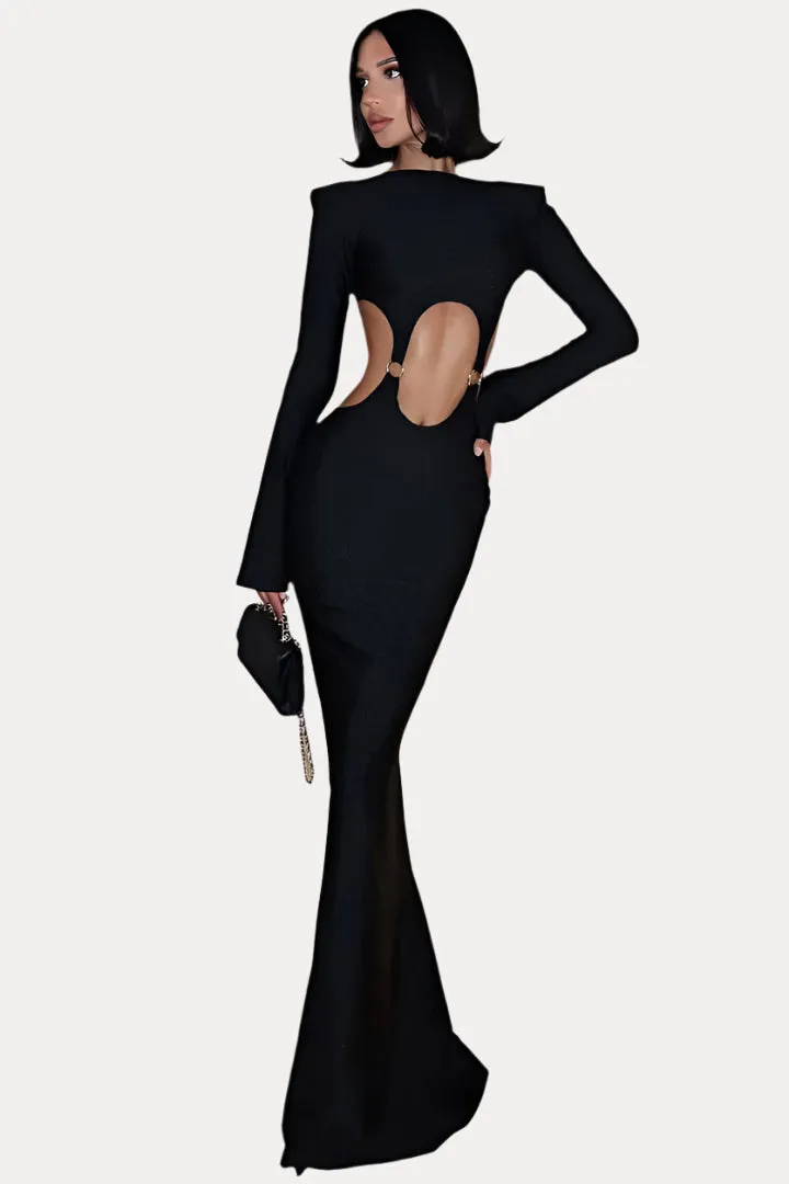 long-sleeved long hollow slim dress