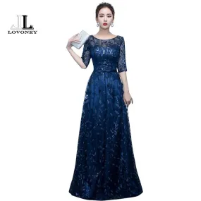 LOVONEY Long Evening Dress 2017 Hot Sale Scoop Neck Half Sleeves Navy Blue Lace Up Formal Evening Dresses Robe De Soiree M212