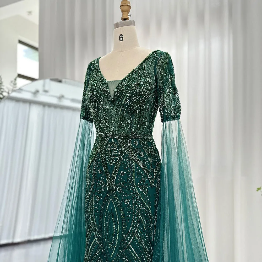 Luxury Emerald Green Evening Dress with Cape Sleeves SS152