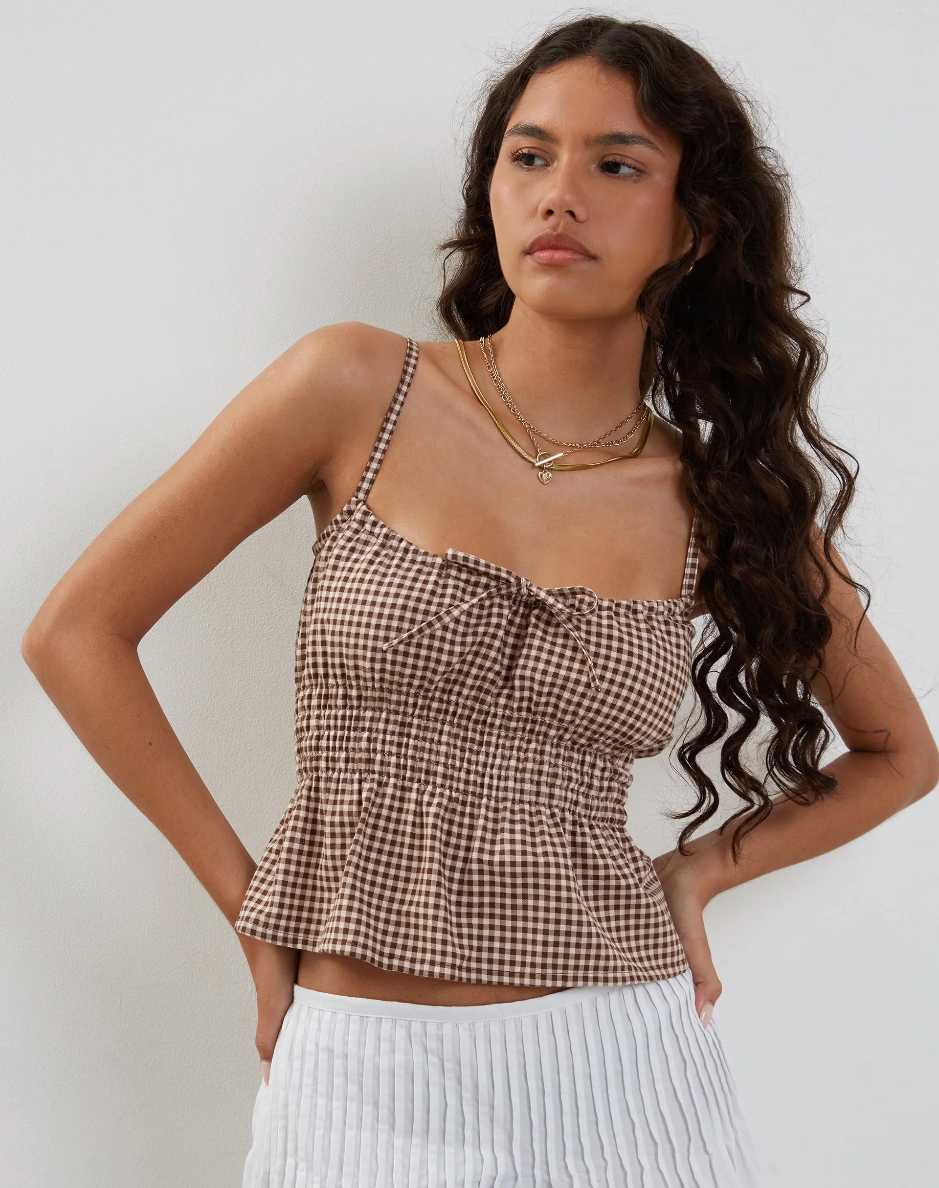 Lyncia Tie Front Cami Top in Mini Gingham