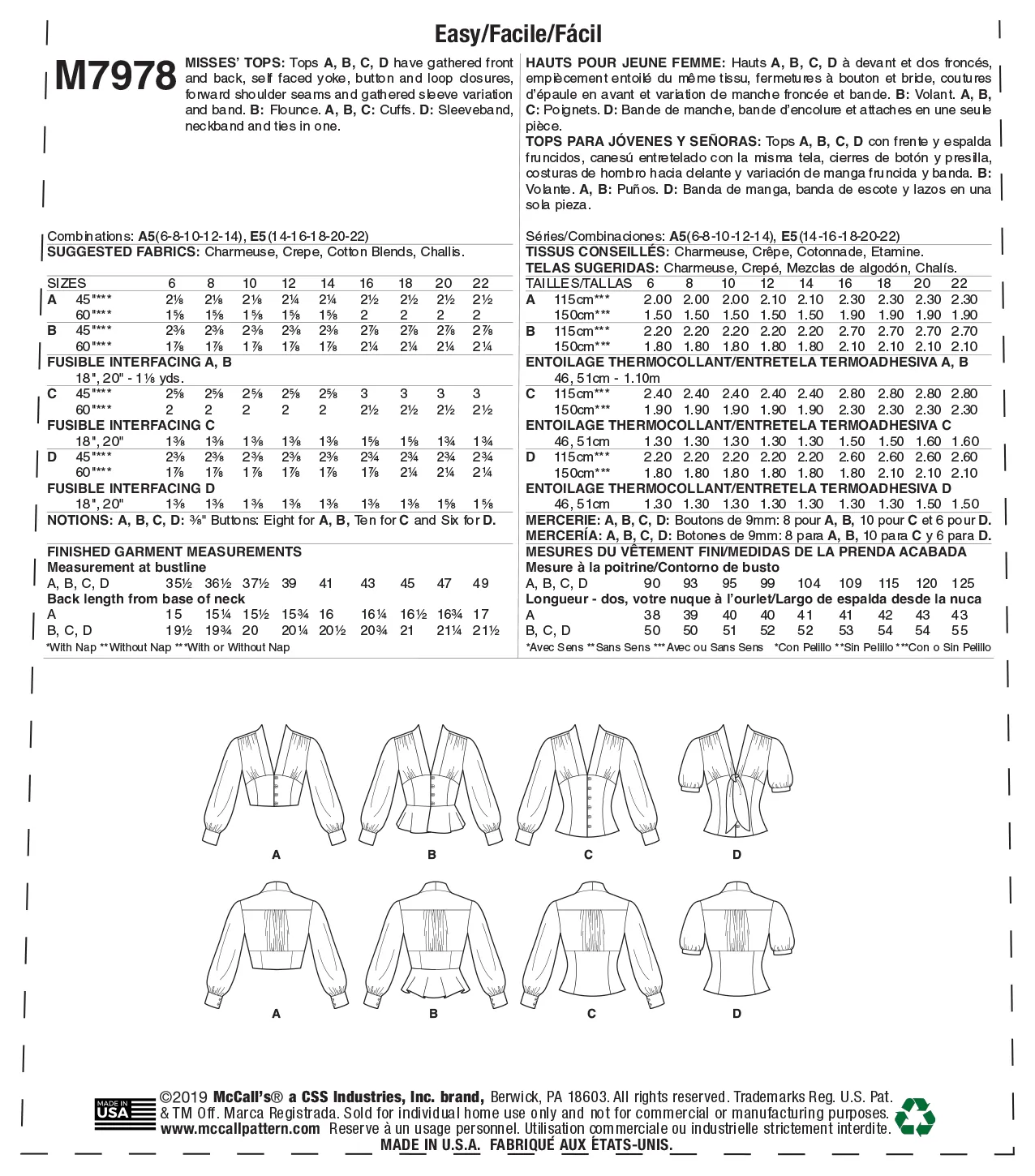 M7978 Misses' Tops