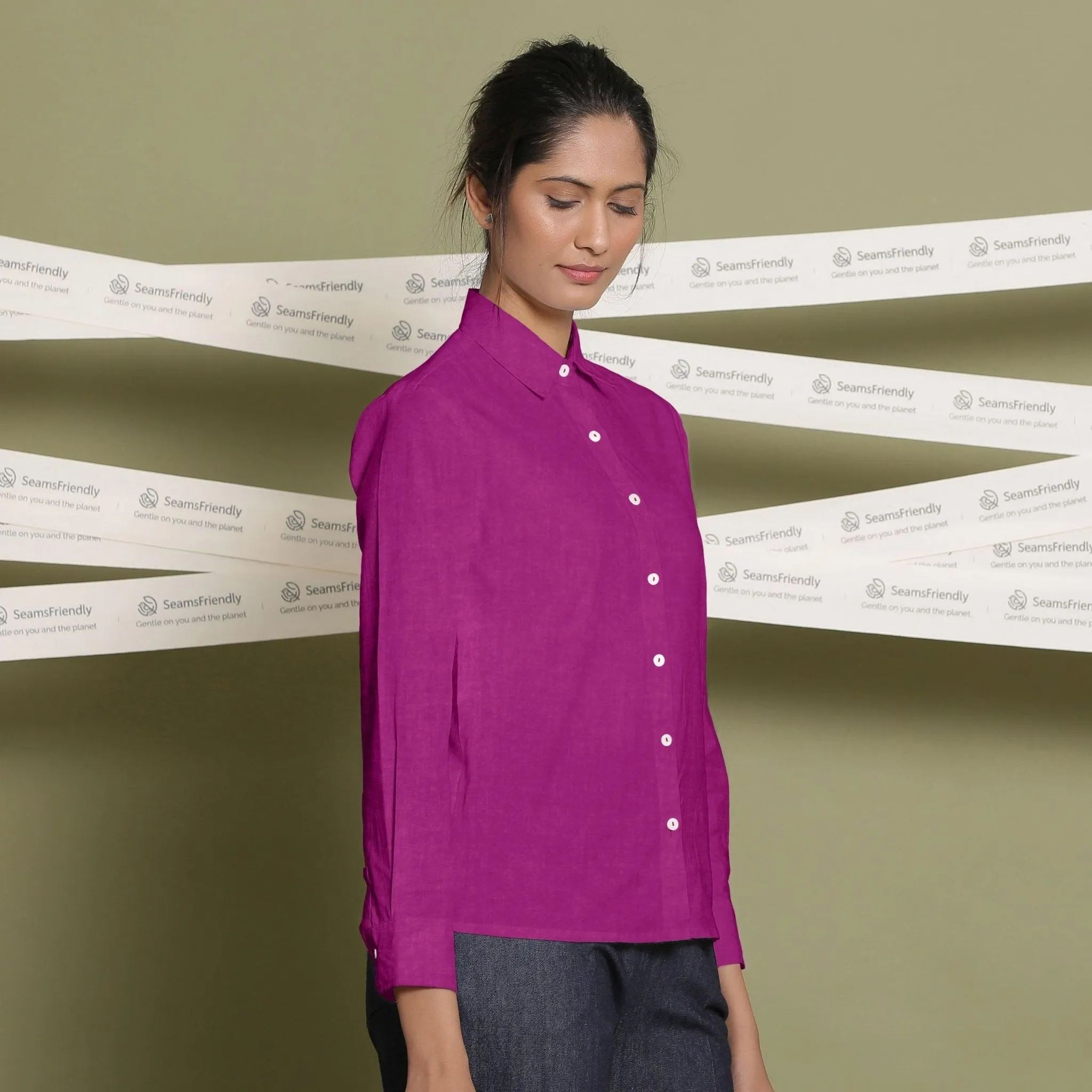 Magenta Linen Cuff Sleeves Button-Down Shirt