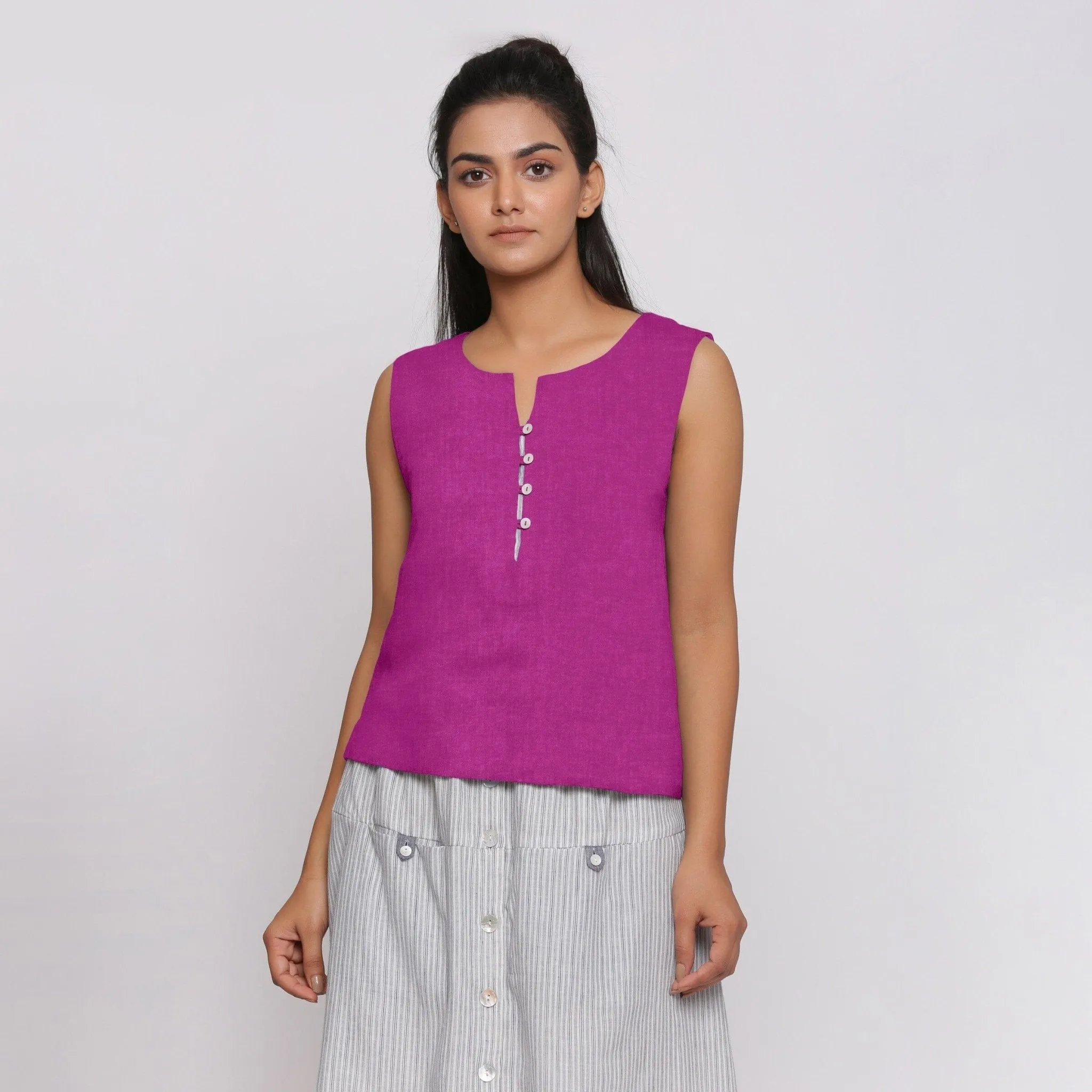 Magenta Linen Split Neck Button-Down Sleeveless Top