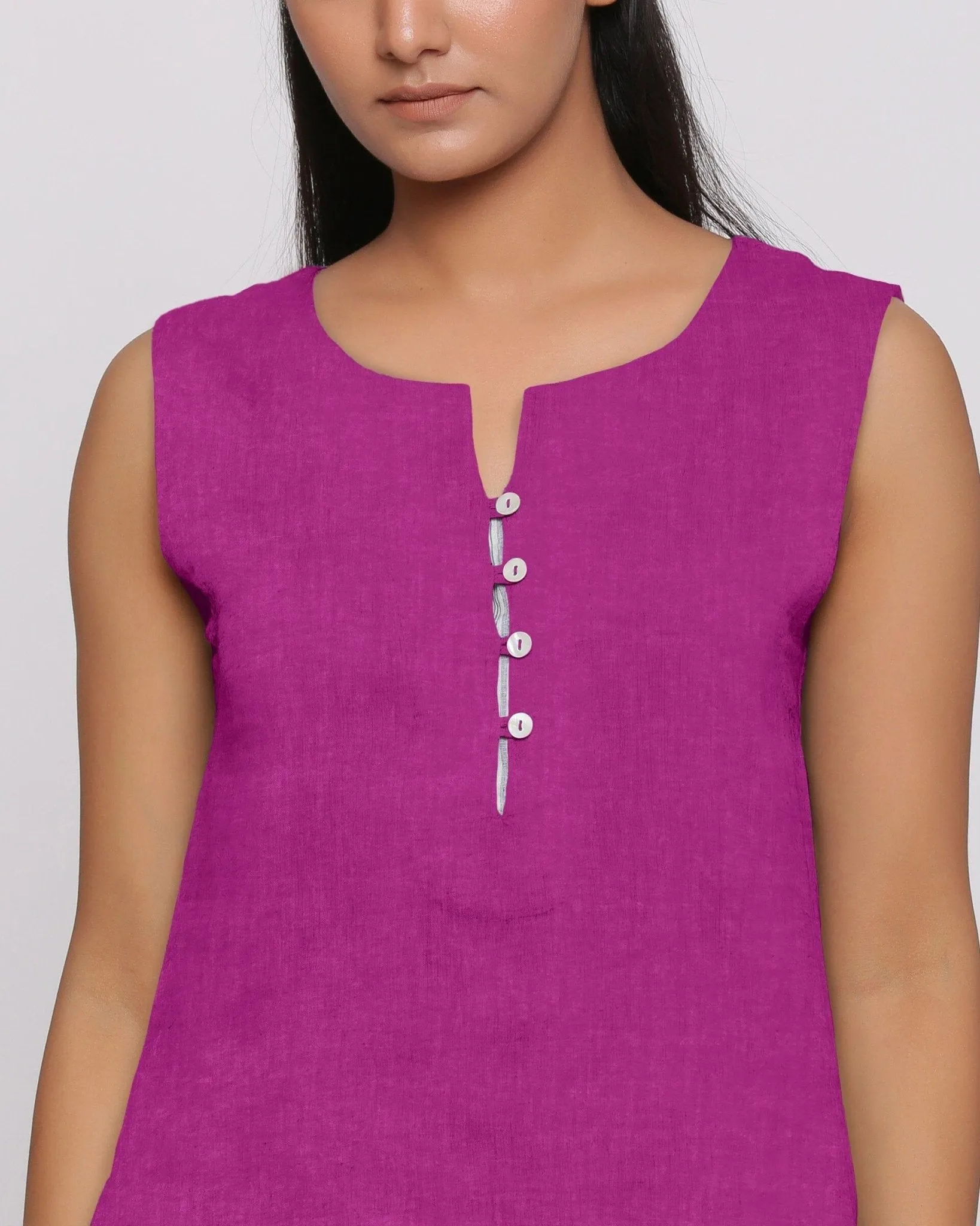 Magenta Linen Split Neck Button-Down Sleeveless Top