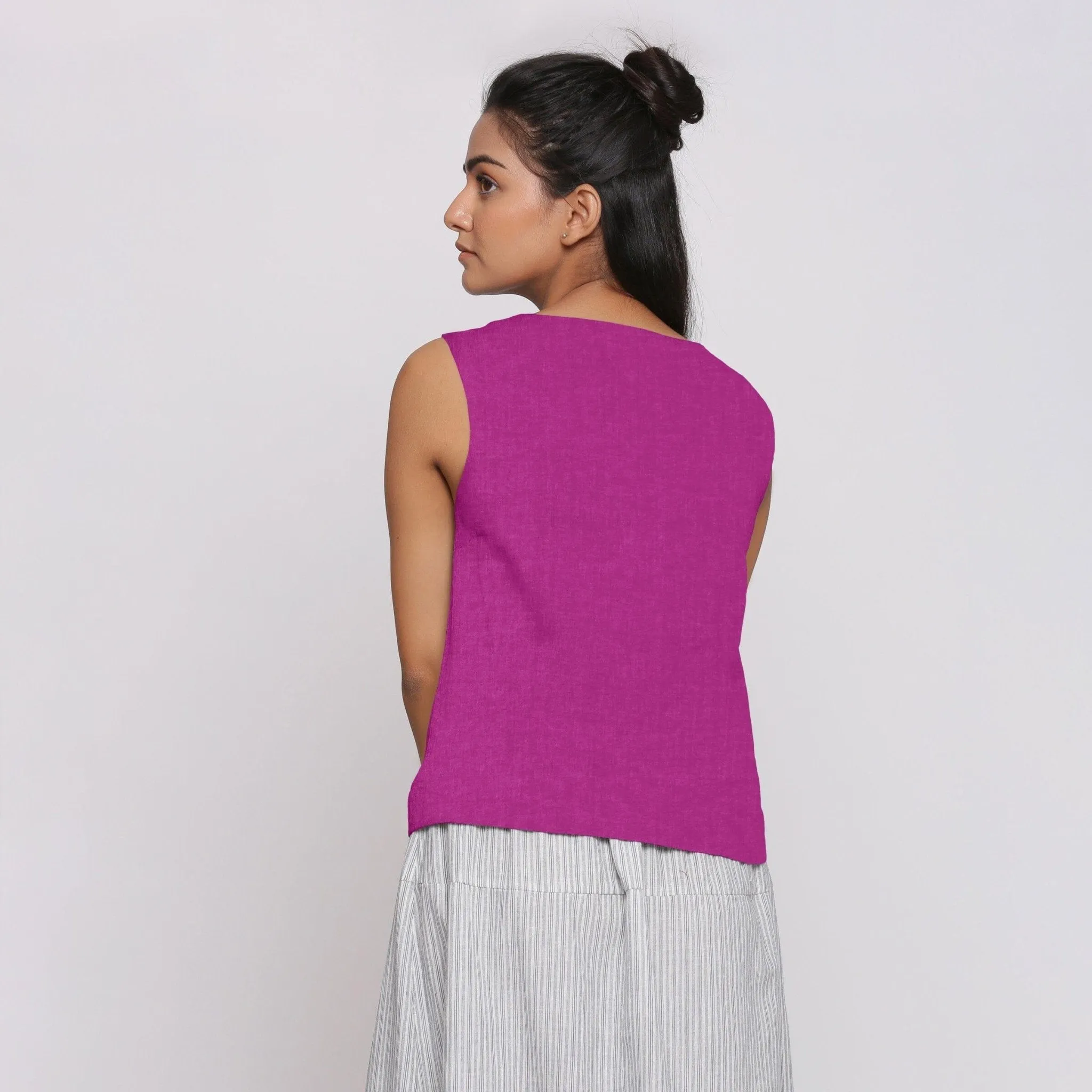 Magenta Linen Split Neck Button-Down Sleeveless Top