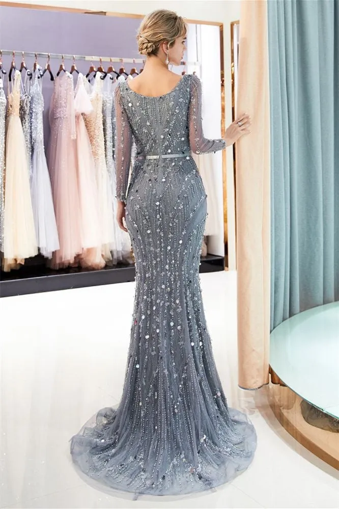 Mermaid Long Sleeves V-neck Sequins Evening Gowns with Sash